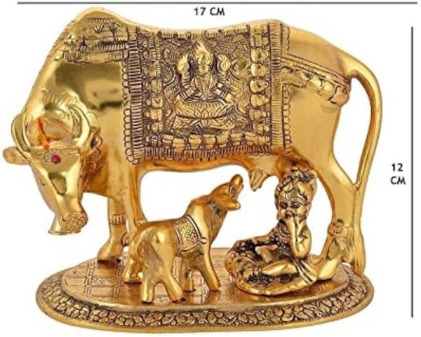 Anahata Organics | Kamdhenu Cow with Calf and Krishna Idol Showpiece in Brass for Home Decor and Decorative Gift. Material Brass. - Image 4