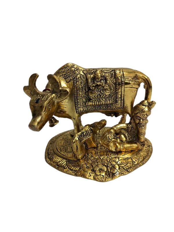 Anahata Organics | Kamdhenu Cow with Calf and Krishna Idol Showpiece in Brass for Home Decor and Decorative Gift. Material Brass. - Image 3