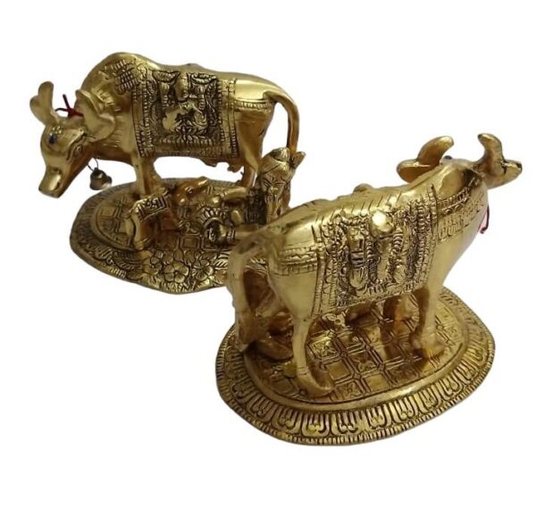 Anahata Organics | Kamdhenu Cow with Calf and Krishna Idol Showpiece in Brass for Home Decor and Decorative Gift. Material Brass. - Image 2