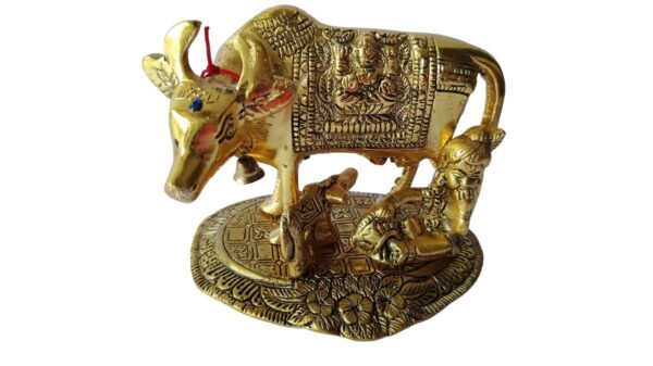 Anahata Organics | Kamdhenu Cow with Calf and Krishna Idol Showpiece in Brass for Home Decor and Decorative Gift. Material Brass.