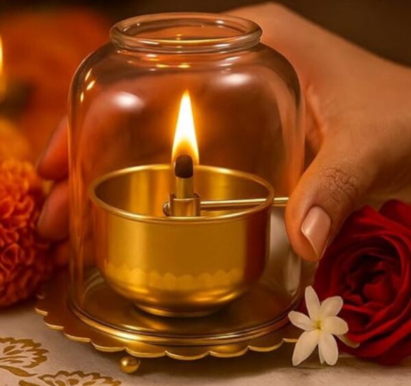 Brass Akhand Diya with Adjustable Wick and Borosilicate glass  250 ml.