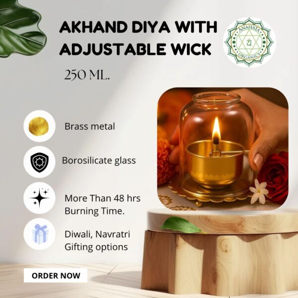 Brass Akhand Diya with Adjustable Wick and Borosilicate glass  250 ml. - Image 2
